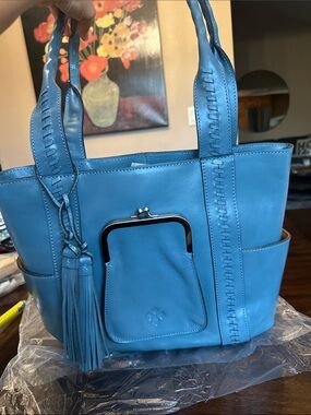 Patricia Nash Turquoise Leather Tote with Tassel and Kiss-Lock Pocket